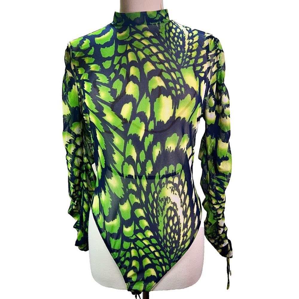 Boutique Bodysuit Size XL Women's Modern Sheer Abstract Indie Sleaze Green Top